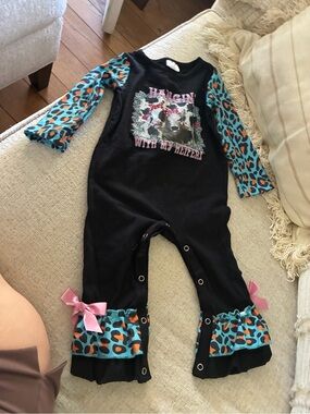 Beginning Boutique Black Romper with Turquoise & Orange Leopard Sleeves
